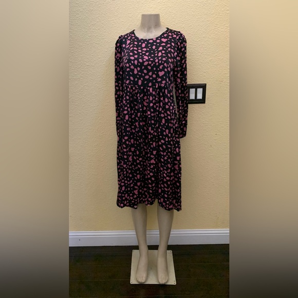 Zara Size Medium Black With Pink Polka Dots Printed Long Sleeve Midi Dress - Picture 5 of 13
